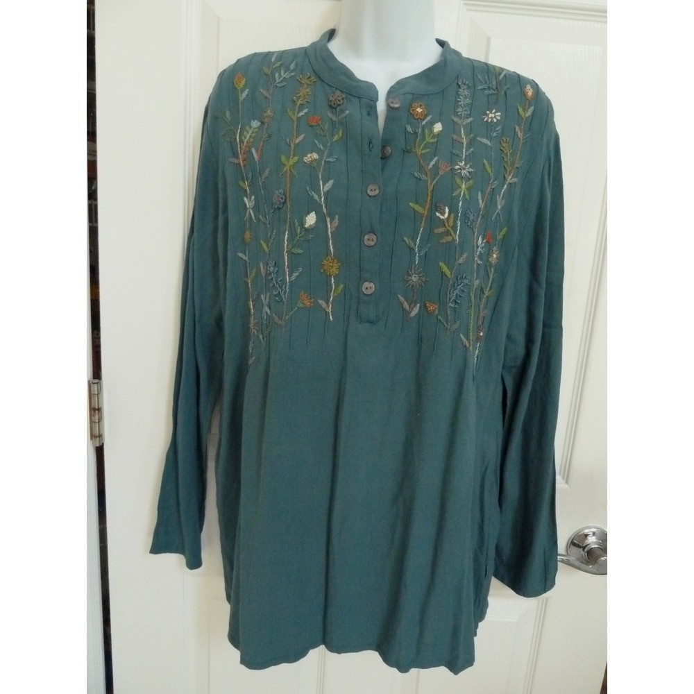 Abrazo Style Green Embroidered Tunic Blouse Linen Rayon Large NWT Mexico